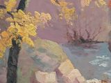 an image of a painting of a man sitting on a bench next to a river