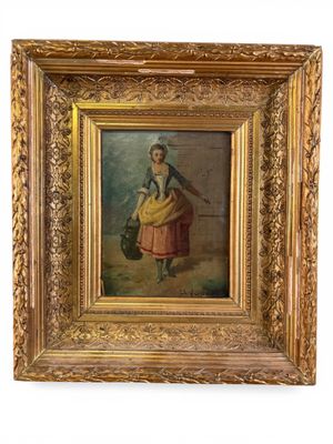 une peinture à l'huile représentant une femme avec un panier de fleurs