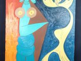 une peinture abstraite représentant une femme avec un poisson sur fond bleu