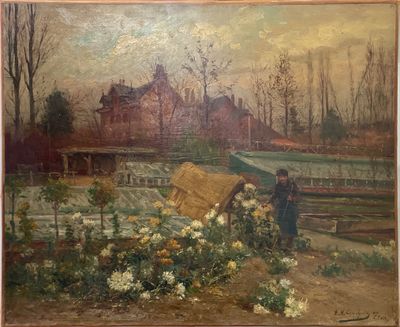 une peinture à l'huile représentant une femme s'occupant de fleurs dans un jardin
