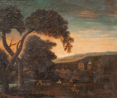 une image représentant un tableau représentant un paysage avec des arbres et des personnages