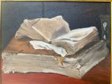 a painting of a book and a clock on a table
