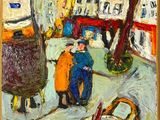 une peinture à l'huile représentant un homme et une femme marchant dans une rue