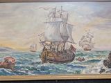 une peinture représentant un bateau sur l'eau, entouré d'autres bateaux