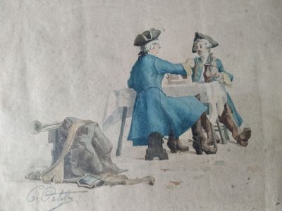 C. PETOLA, XVIIIe Mousquetaires attablés Dessin signé en bas…