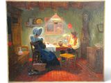 un tableau représentant une femme assise à une table dans une pièce