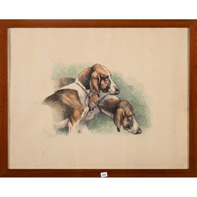 tableau représentant deux chiens se reposant par terre devant un fond blanc