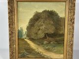an oil painting of a tree and a path in a field