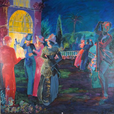 peinture d'un groupe de personnes devant un bâtiment