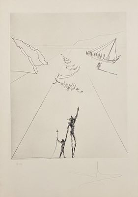 drawing of a man and a child standing in front of a drawing of a boat