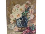 a painting of roses in a blue vase on a table