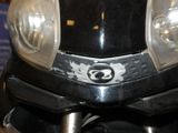 a close up of the front of a motorcycle with a skull on it
