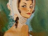 an oil painting of a woman in a bonnet and dress