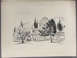 an old drawing of a church with trees in the foreground and a building in the background
