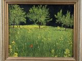 an oil painting of a field with trees and a lone red flower