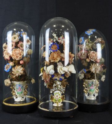 trois cloches en verre contenant des fleurs, posées sur une surface noire