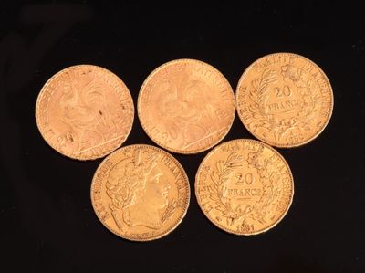 Réunion de cinq pièces de monnaie or : 20 FF or FR - Photo 1