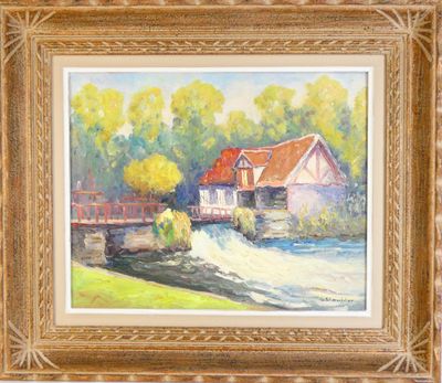 a painting of a house on a river with trees in the background