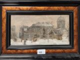 an oil painting of a city scene with a horse drawn carriage in the foreground