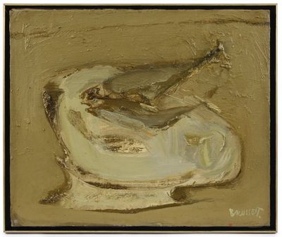 une peinture à l'huile représentant un bol de nourriture posé sur une table