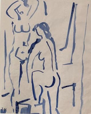 dessin représentant un homme et une femme debout devant un miroir