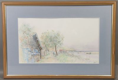 aquarelle encadrée représentant une scène de ferme avec une grange au loin
