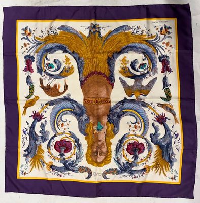 an image of a purple and yellow scarf with birds and flowers on it