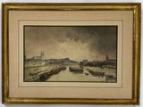 tableau encadré représentant une vue de ville avec des bateaux sur l'eau