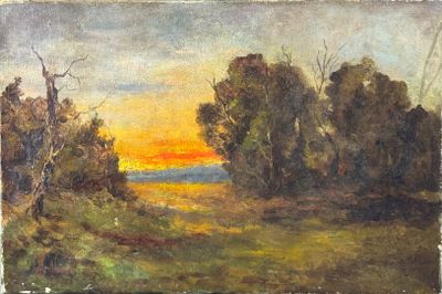 painting of a sunset over a field with trees in the foreground