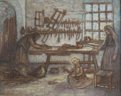 a painting of a man and a woman in a workshop