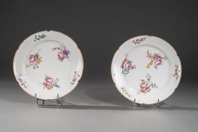 une paire d'assiettes en porcelaine ornées de motifs floraux, posées sur un présentoir