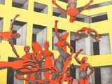 painting of a group of people in front of a yellow building