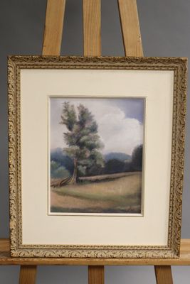 Ecole du XXème siècle. Arbre dans un champ. Pastel, monogram…