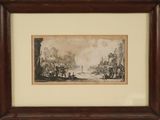 framed picture of a painting of a river scene with a boat in the water