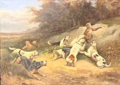 a painting of a man with a dog and a bunch of dogs