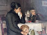 a painting of a woman and two children sitting at a table