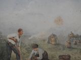 a painting of a couple of men working in a field
