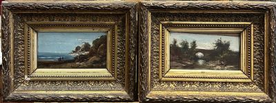 two framed paintings of a rocky coast with a lighthouse in the distance and a lighthouse in the distance