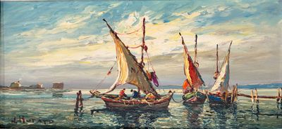 a painting of a group of sailboats in the water