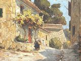 une peinture à l'huile représentant une femme marchant dans une rue devant un bâtiment en pierre