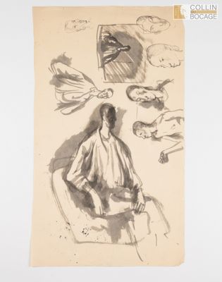 dessin représentant une femme assise sur une chaise devant un miroir