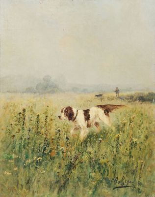 un tableau représentant un chien courant dans un champ d'herbes hautes