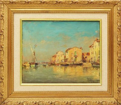 une image d'un tableau représentant une ville au bord de l'eau