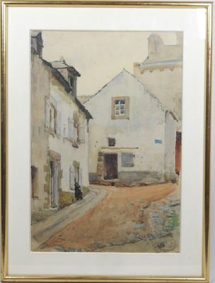 tableau représentant une scène de rue avec des bâtiments et un chat au bord de la route