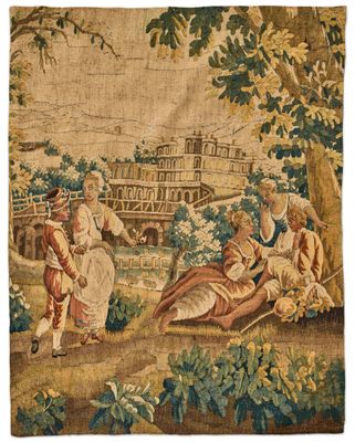 TAPISSERIE PASTORALE en laine polychrome représentant des pe…