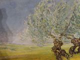 a painting of a man riding a horse in a field