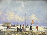 a painting of a beach scene with people on the sand