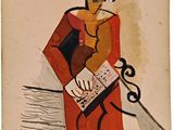 an image of a painting of a woman holding a book and a knife