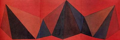une peinture représentant trois triangles sur fond rouge