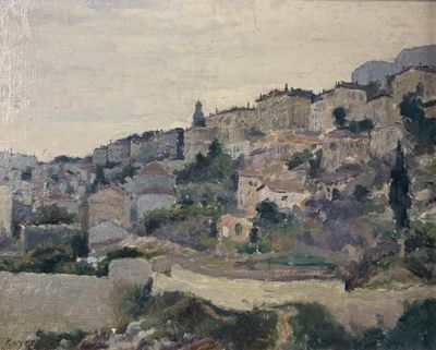 un tableau représentant une ville située sur une colline, avec un cheval